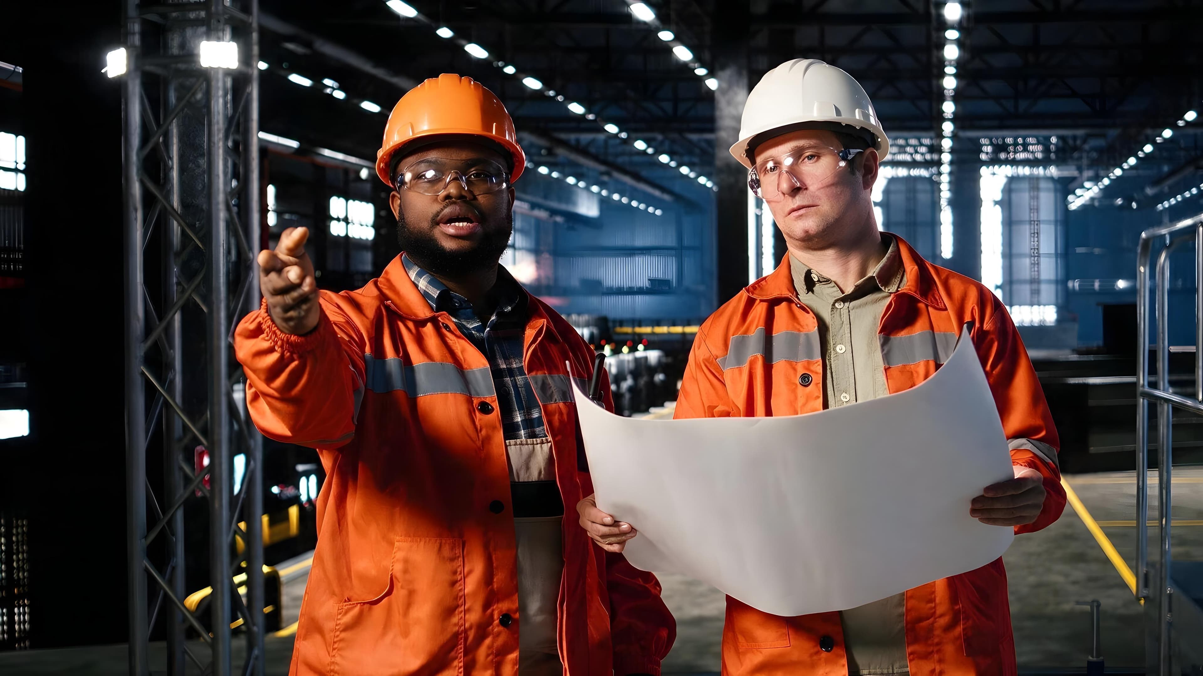 Confident engineer in a hard hat standing beside electrical wiring at an industrial site