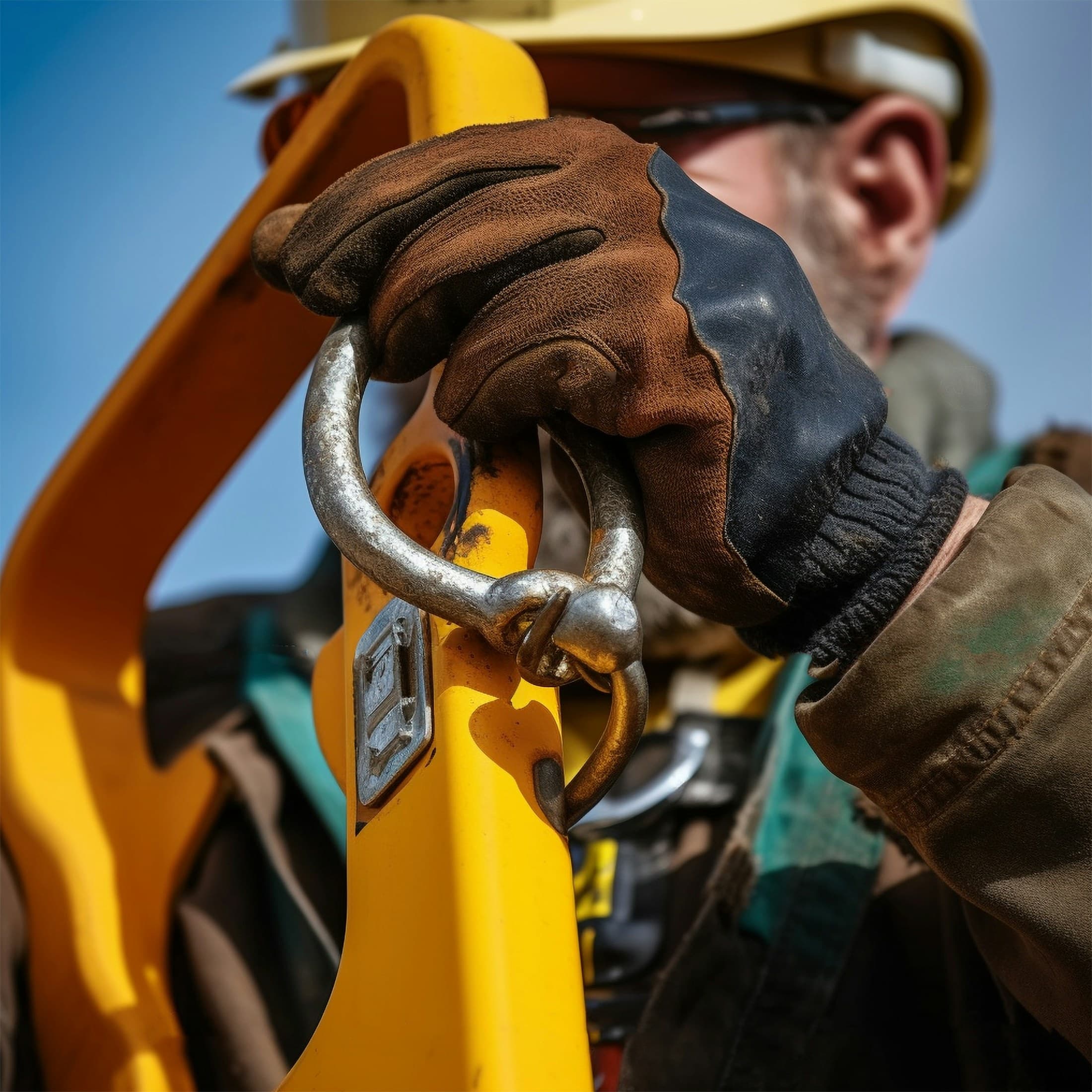Gloved hand securing a rigging shackle on lifting equipment